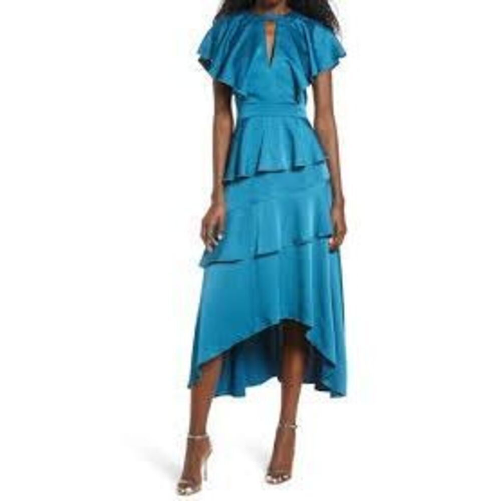 NWT HARLYN Tiered blue teal Satin short flutter sleeve high low Midi Dress sz sm